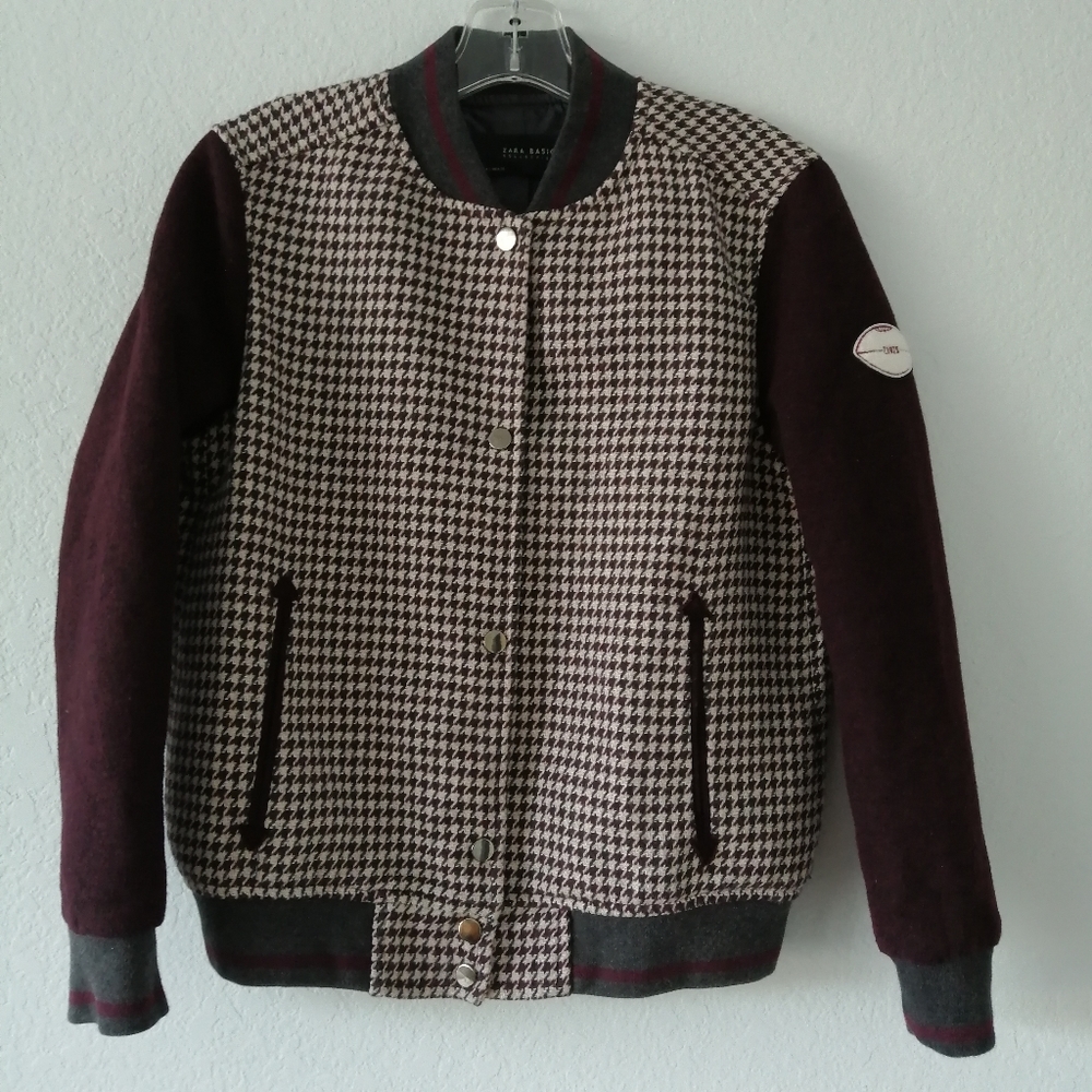 Zara Basic Wool Blend Cropped Bomber Jacket Burgundy - Size S